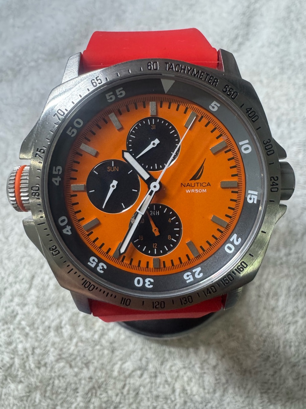 Nautica Men’s Orange Dial Chronograph Watch with Red Silicone Strap